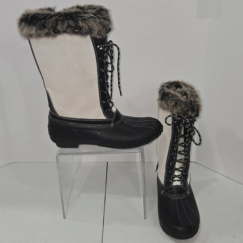 Sporto Nasha Womens Duck Boots Black White Faux Fur Trim Lace Up Size 11M